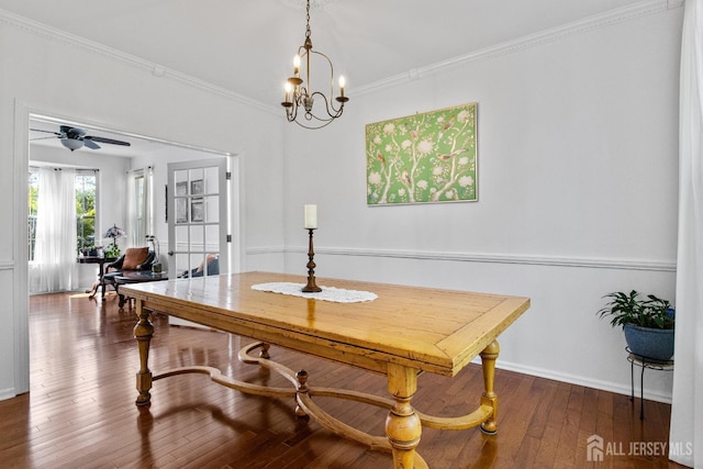 16 Exeter Pass, Colts Neck, NJ 07722 - dining space with hardwood / wood-style floors, ornamental molding, a chandelier, a ceiling fan, and an office area
