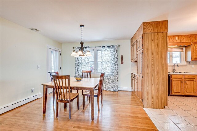 dining space with sink, an inviting chandelier, a healthy amount of sunlight, and a baseboard heating unit