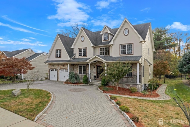 front facade with a front lawn, a porch, and a garage