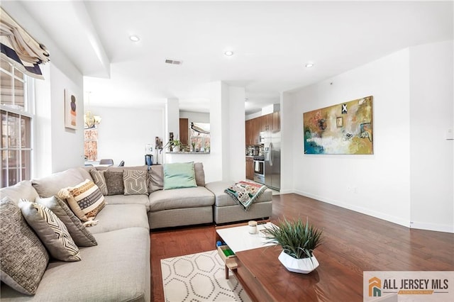 448 Tower Blvd Unit 448, Piscataway, NJ 08854 - living room with dark wood-type flooring, plenty of natural light, recessed lighting, and baseboards