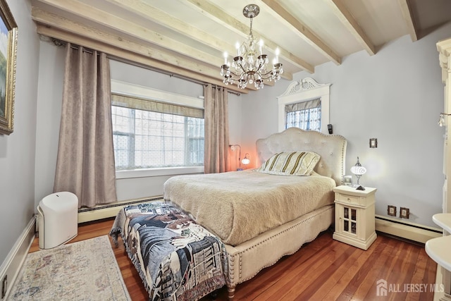 365 E John St, South Amboy, NJ 08879 - bedroom featuring a baseboard radiator, a chandelier, beam ceiling, and wood finished floors