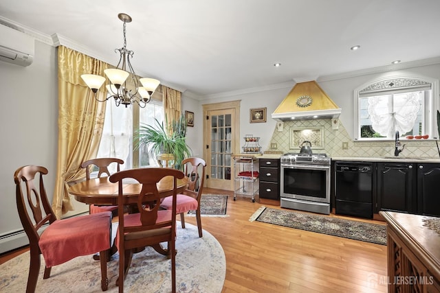 365 E John St, South Amboy, NJ 08879 - dining area with a chandelier, healthy amount of natural light, a wall mounted air conditioner, light wood-type flooring, and ornamental molding