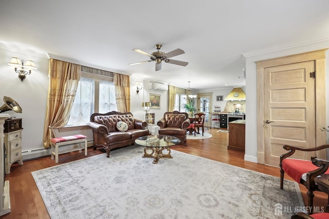 365 E John St, South Amboy, NJ 08879 - living room with plenty of natural light, a ceiling fan, wood finished floors, ornamental molding, and an AC wall unit