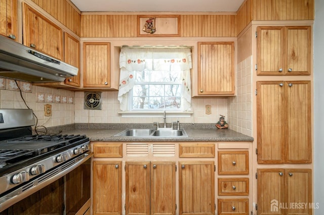 kitchen featuring tasteful backsplash, sink, and stainless steel gas range