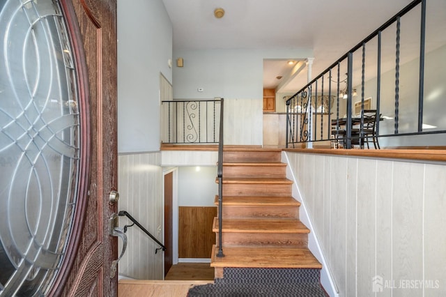 stairs with wooden walls