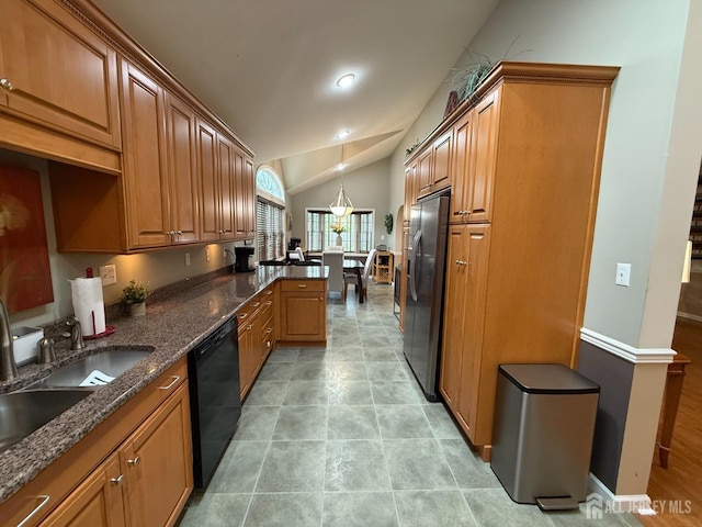 kitchen featuring a peninsula, brown cabinets, black dishwasher, stainless steel fridge with ice dispenser, and lofted ceiling