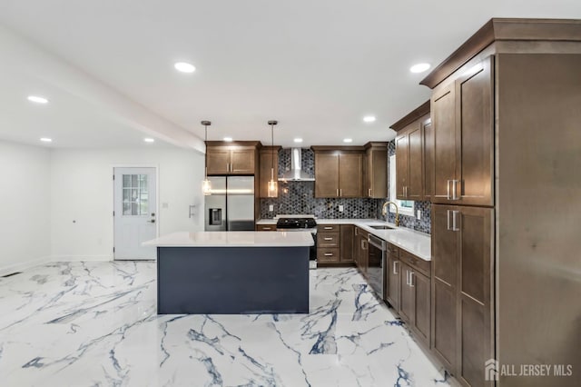 244 Lloyd Rd, Matawan, NJ 07747 - kitchen featuring stainless steel appliances, wall chimney range hood, recessed lighting, tasteful backsplash, and a kitchen island