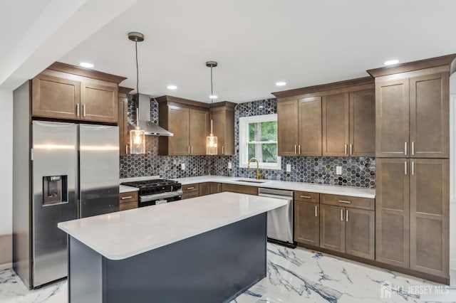 244 Lloyd Rd, Matawan, NJ 07747 - kitchen featuring appliances with stainless steel finishes, light marble finish floors, wall chimney range hood, a sink, and a kitchen island