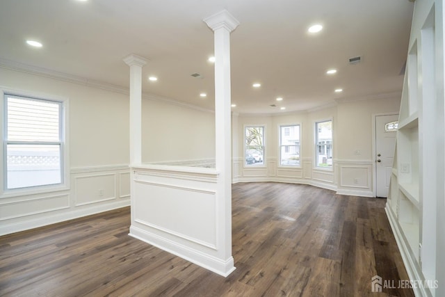 201 Morrison Ave, Hightstown, NJ 08520 - spare room with decorative columns, a decorative wall, ornamental molding, dark wood-style flooring, and recessed lighting