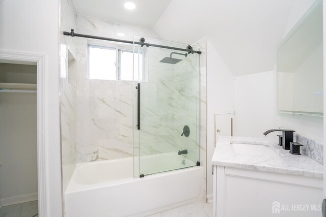 full bath featuring marble finish floor, recessed lighting, vanity, lofted ceiling, and enclosed tub / shower combo