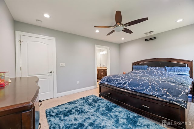 32 Cinder Rd Unit 22, Edison, NJ 08820 - bedroom featuring light colored carpet, recessed lighting, connected bathroom, and a ceiling fan