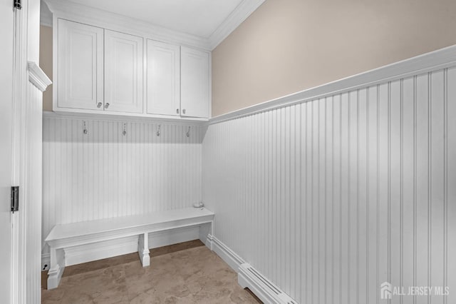 mudroom featuring crown molding