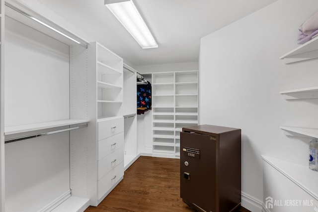 walk in closet featuring dark wood-style flooring