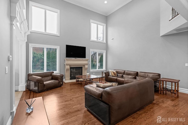 living area featuring a glass covered fireplace, a healthy amount of sunlight, wood finished floors, and a towering ceiling