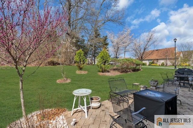 view of yard featuring an outdoor fire pit and a patio