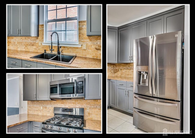 kitchen with a sink, stainless steel appliances, tasteful backsplash, and gray cabinets