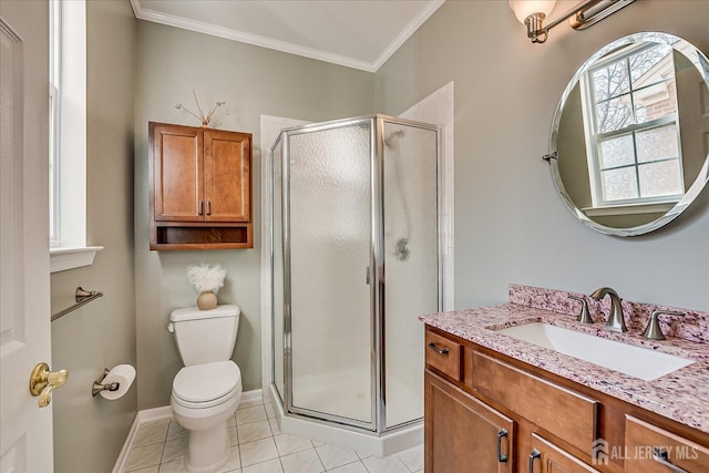 full bathroom with tile patterned flooring, toilet, ornamental molding, a stall shower, and vanity