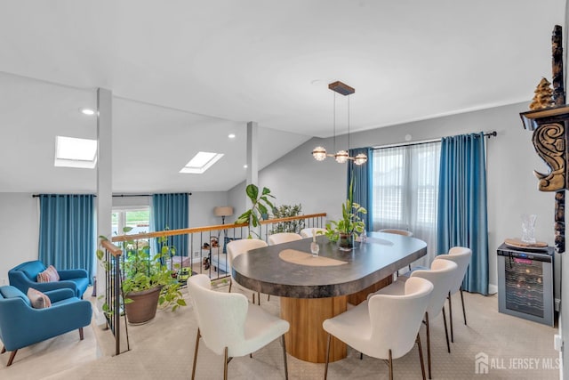 42 Ridge Rd, Edison, NJ 08817 - dining space featuring a skylight, light carpet, vaulted ceiling, and a chandelier