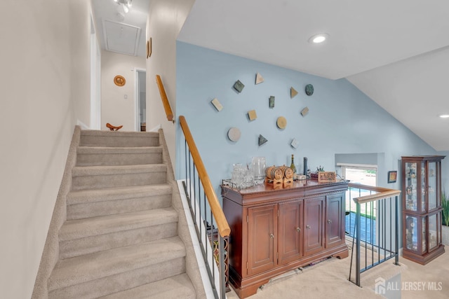 42 Ridge Rd, Edison, NJ 08817 - staircase with attic access, lofted ceiling, recessed lighting, and carpet flooring