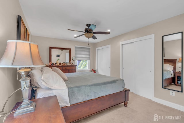 42 Ridge Rd, Edison, NJ 08817 - bedroom with multiple closets, carpet flooring, baseboards, ceiling fan, and recessed lighting