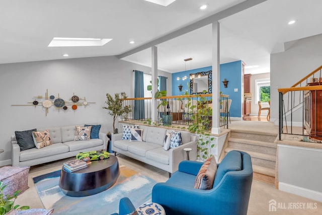 42 Ridge Rd, Edison, NJ 08817 - living room featuring a skylight, stairway, vaulted ceiling, baseboards, and recessed lighting