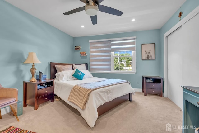 42 Ridge Rd, Edison, NJ 08817 - bedroom with light carpet, recessed lighting, a closet, and ceiling fan
