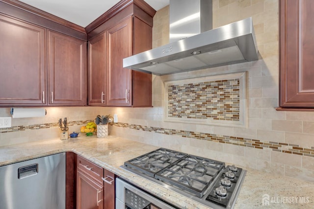 42 Ridge Rd, Edison, NJ 08817 - kitchen featuring wall chimney exhaust hood, stainless steel appliances, backsplash, and light stone countertops