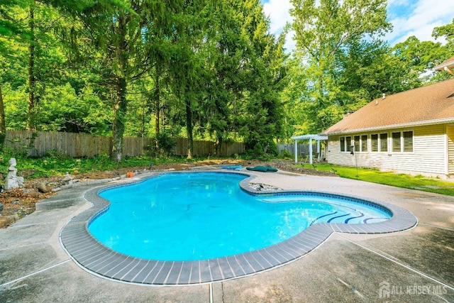 view of swimming pool with a fenced in pool, a fenced backyard, a patio, and a pergola