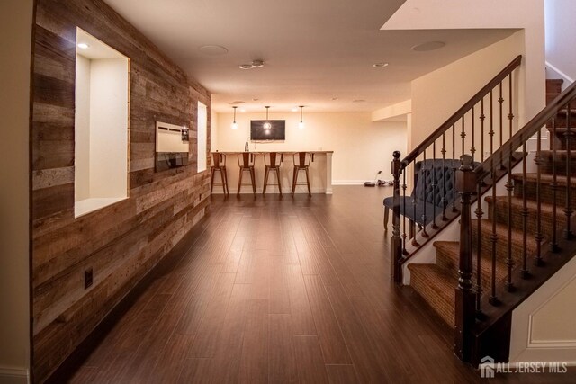 29 Mitchell Dr, Monroe, NJ 08831 - living area with stairs, bar, and dark wood finished floors