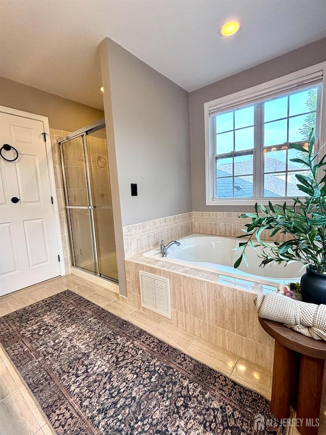 29 Mitchell Dr, Monroe, NJ 08831 - bathroom featuring a bath, a stall shower, tile patterned flooring, and recessed lighting