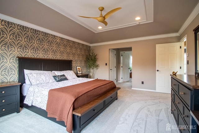 29 Mitchell Dr, Monroe, NJ 08831 - bedroom featuring light carpet, crown molding, recessed lighting, wallpapered walls, and ceiling fan