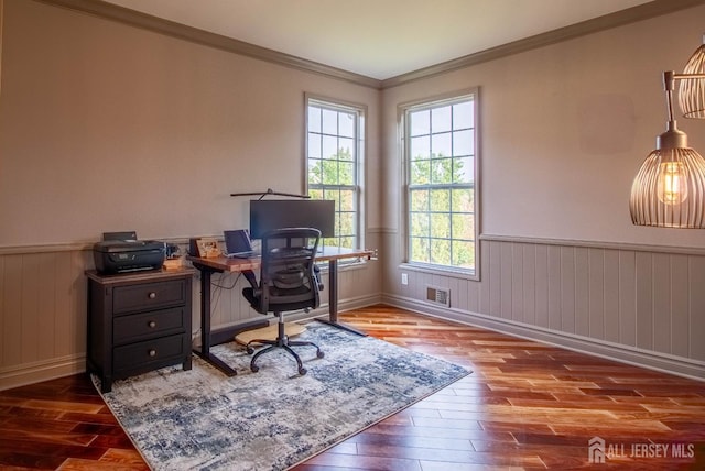 29 Mitchell Dr, Monroe, NJ 08831 - home office with wood finished floors, a wainscoted wall, and crown molding