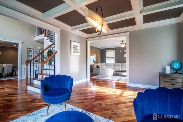 29 Mitchell Dr, Monroe, NJ 08831 - living area with coffered ceiling, crown molding, stairs, wood finished floors, and a ceiling fan