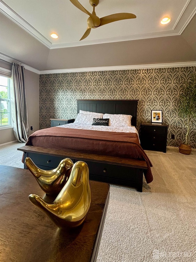 29 Mitchell Dr, Monroe, NJ 08831 - carpeted bedroom with a raised ceiling, ornamental molding, a ceiling fan, recessed lighting, and wallpapered walls