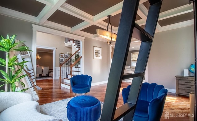 29 Mitchell Dr, Monroe, NJ 08831 - living room with stairway, wood finished floors, ornamental molding, coffered ceiling, and beam ceiling