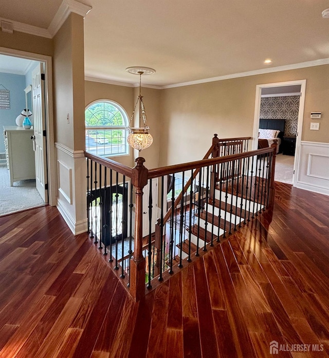 29 Mitchell Dr, Monroe, NJ 08831 - stairway with wood finished floors, ornamental molding, a wainscoted wall, and a decorative wall