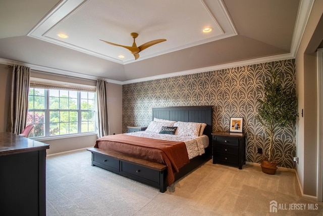 29 Mitchell Dr, Monroe, NJ 08831 - bedroom with wallpapered walls, carpet, a raised ceiling, recessed lighting, and crown molding