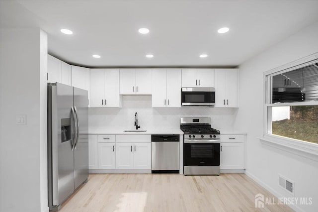 kitchen with white cabinets, appliances with stainless steel finishes, tasteful backsplash, sink, and light hardwood / wood-style flooring