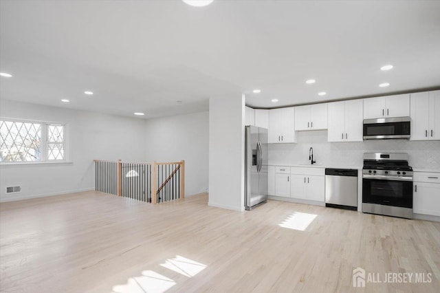 kitchen featuring tasteful backsplash, sink, light hardwood / wood-style flooring, appliances with stainless steel finishes, and white cabinets