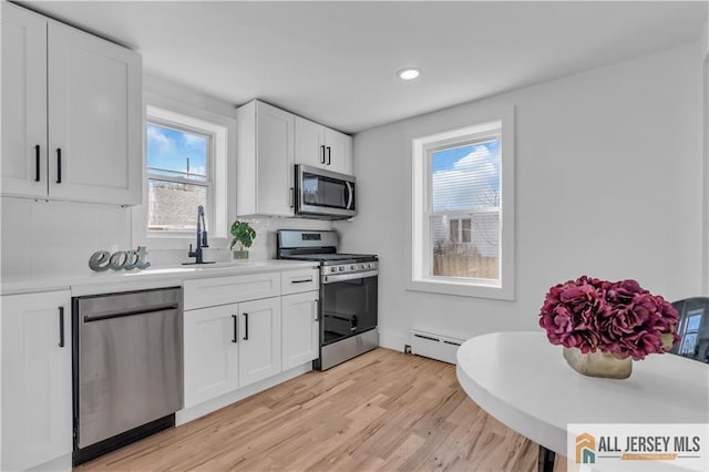 8 1st St, Sayreville, NJ 08872 - kitchen featuring stainless steel appliances, a baseboard heating unit, a sink, light countertops, and white cabinetry