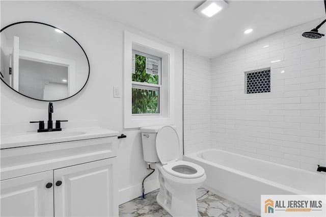 8 1st St, Sayreville, NJ 08872 - full bath featuring marble look tile flooring, toilet, vanity,  shower combination, and baseboards