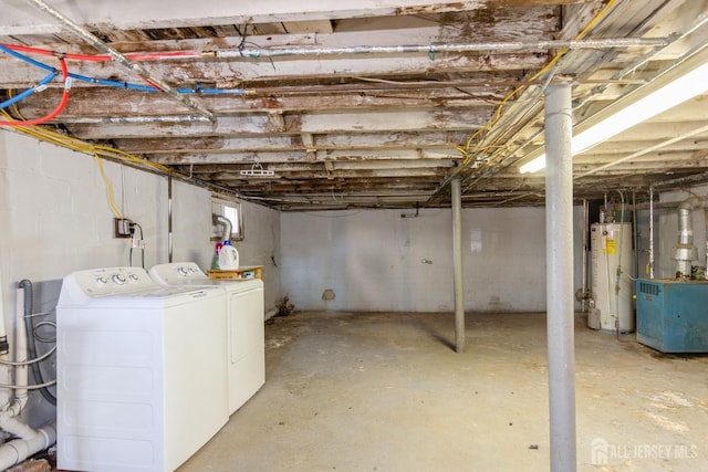 unfinished basement featuring washing machine and dryer and water heater