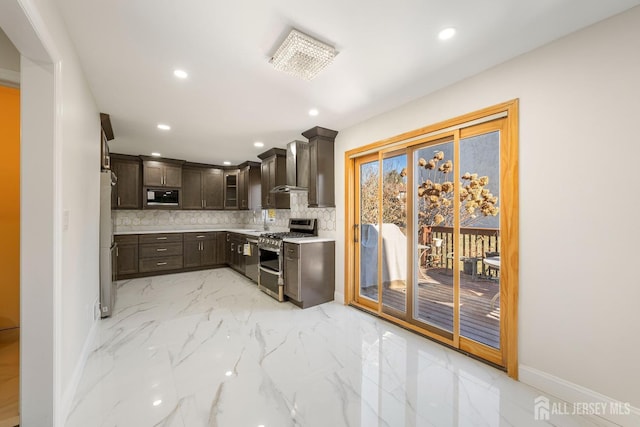 kitchen with wall chimney range hood, refrigerator, double oven range, dark brown cabinets, and black microwave