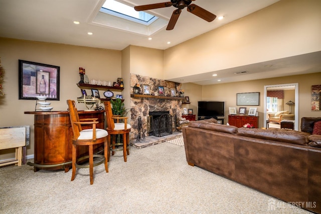3 Romero Ct, Monroe, NJ 08831 - living area featuring carpet floors, a ceiling fan, a dry bar, recessed lighting, and a stone fireplace