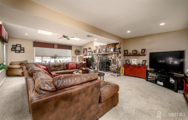 3 Romero Ct, Monroe, NJ 08831 - living area with light colored carpet, a stone fireplace, recessed lighting, and ceiling fan