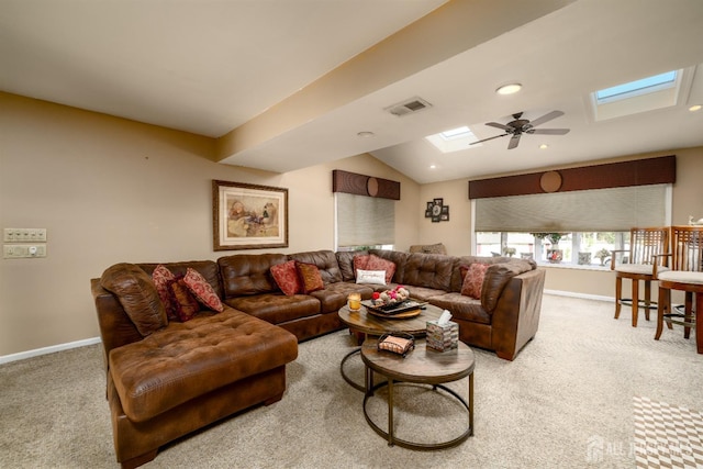 3 Romero Ct, Monroe, NJ 08831 - carpeted living room with a skylight, a ceiling fan, baseboards, recessed lighting, and lofted ceiling