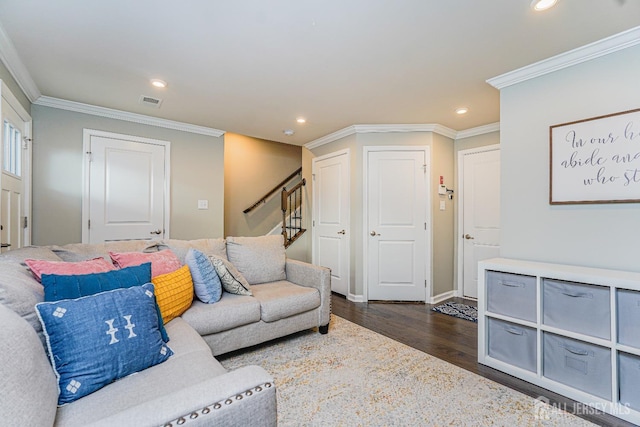 606 Bayside Ct, South Amboy, NJ 08879 - living area featuring stairs, recessed lighting, dark wood-style flooring, crown molding, and baseboards