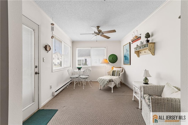 interior space with crown molding, a ceiling fan, light colored carpet, and a textured ceiling