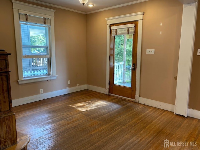 spare room with baseboards, wood finished floors, and crown molding