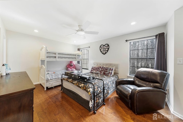 bedroom with recessed lighting, wood finished floors, and ceiling fan